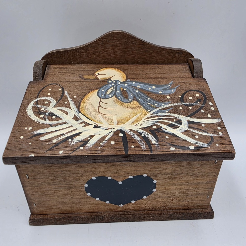 VTG Wooden Recipe Box Country Goose Duck Bow Polka Dot Heart Cottagecore Grandma